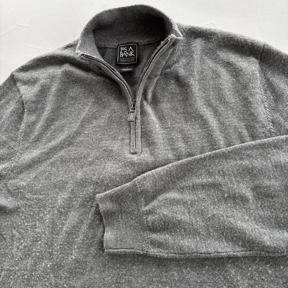 Mens Jos A Bank Grey Quarter 1/4 Zip Pullover Sweater Large 100% Merino Wool